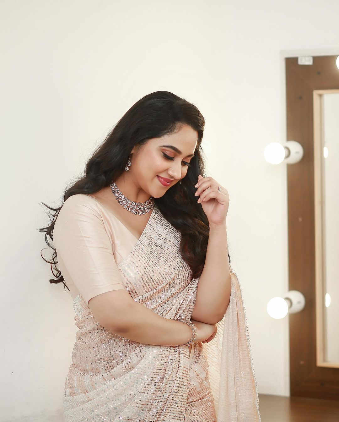 malayalam actress miya george long hair stills in pink saree